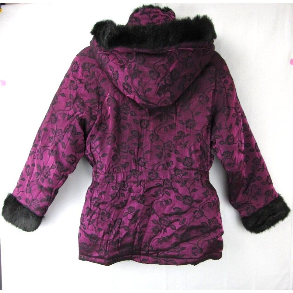 Girl Sz L 14/16  Winter Coat Jacket Velvet Satin Violet Floral  Faux Fur Trim